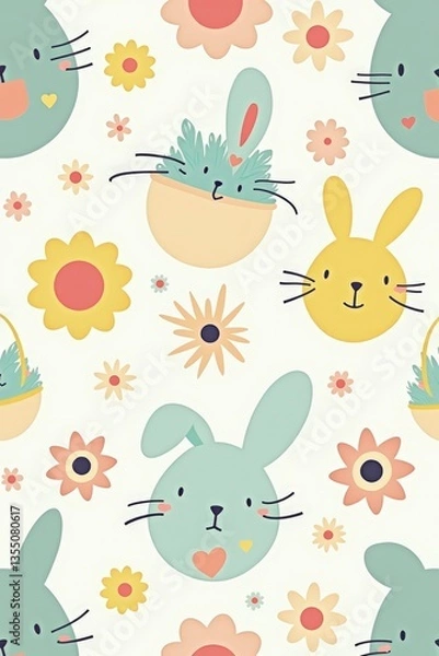 Fototapeta Easter eggs and baskets with floral pattern.