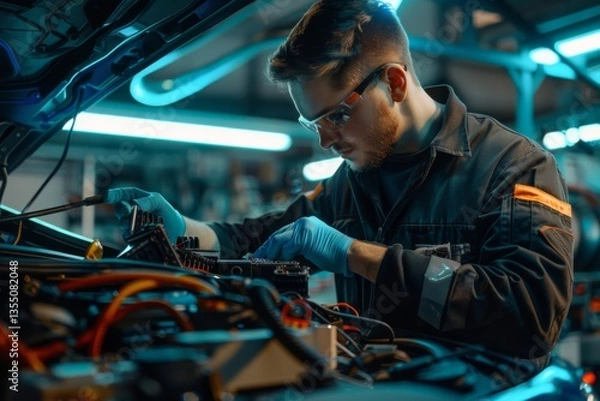 Fototapeta A technician is performing a diagnostic test on a cars electronics