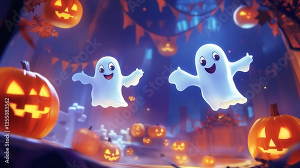 Fototapeta Two cute cartoon ghosts float amidst glowing jack-o'-lanterns and Halloween decorations.