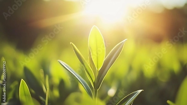 Fototapeta CloseUp View of Sunlit Green Leaf with Glowing Background in Natural Light : Generative AI