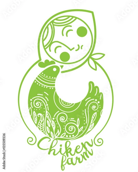 Fototapeta Farm logotype with woman and chicken. Vector illustration