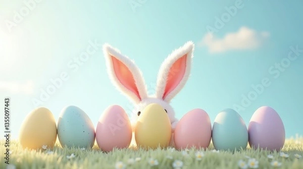 Obraz Easter Bunny and Colorful Eggs in the Grass