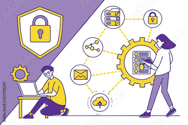 Obraz 39 Cybersecurity infographic, flat design illustration, cartoon characters, tech icons, data protection symbols, purple and yellow color scheme, laptop security, mobile security, network protection, u
