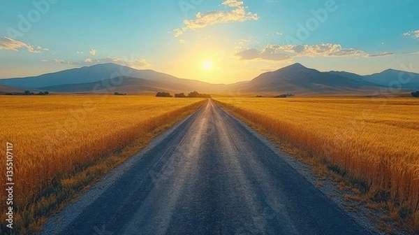 Obraz Tranquil road vanishing into the sunset through golden fields and distant mountains