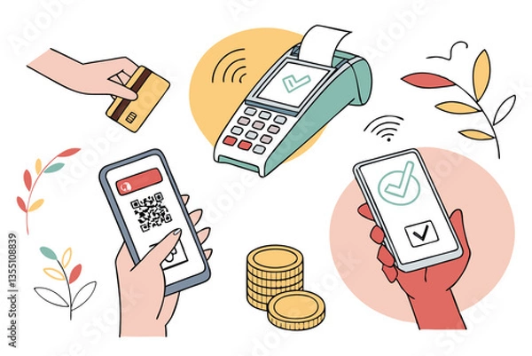 Obraz 41 Digital payment methods, illustrated hands, credit card terminals, smartphones, QR code scanning, contactless payments, gold coins, financial technology, flat design, vibrant colors, mobile wallets