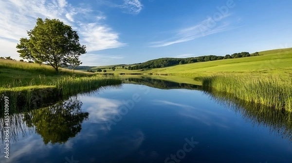 Fototapeta Picturesque river reflecting a blue sky and treelined hills creating a peaceful and idyllic landscape : Generative AI