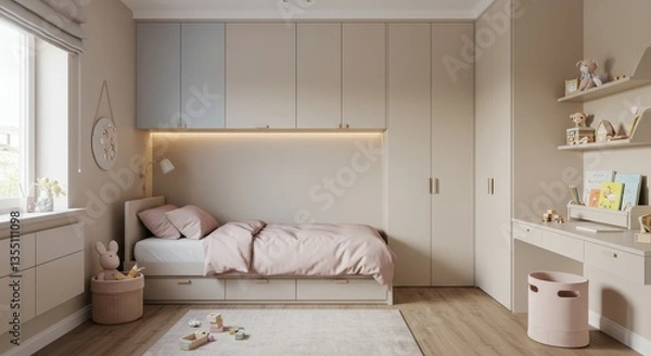 Fototapeta Minimalist Kids Bedroom Design with Pastel Tones - Serene kids' room, soft pastel colors, built-in storage, spacious layout, simple design. Symbolizing calm, growth, organization, creativity