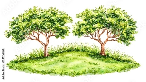 Fototapeta Pair of Lush Green Trees on a Grassy Hill Surrounded by Nature in a Serene Landscape