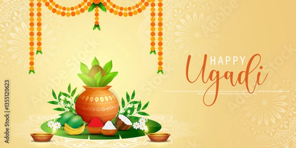 Fototapeta Happy Ugadi, New Year's Day according to the Hindu calendar - banner template design including Kalash, banana leaf, green mango, flowers, rangoli and diya.