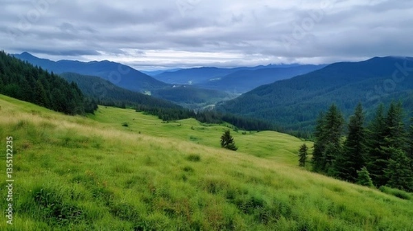 Fototapeta Panoramic view of lush green mountains and valleys under a cloudy sky in nature : Generative AI