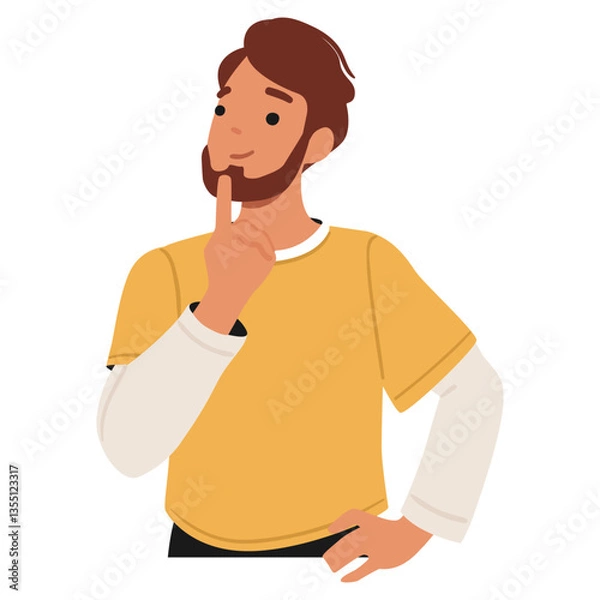 Obraz Young hipster positive guy cartoon character thinking imagining and dreaming about creative solution