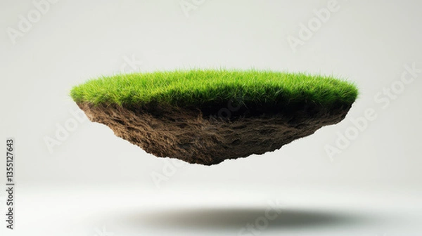 Fototapeta A circular piece of terrain levitating, covered in vibrant green grass, exposed earth layers beneath