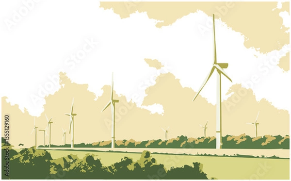 Fototapeta Vector illustration of wind turbines in perspective generating green energy in color