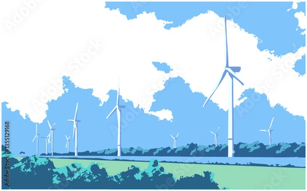 Fototapeta Vector illustration of wind turbines in perspective generating green energy in color