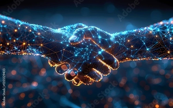 Fototapeta Digital Handshake with Glowing Network Connecting Two Partners Illustration