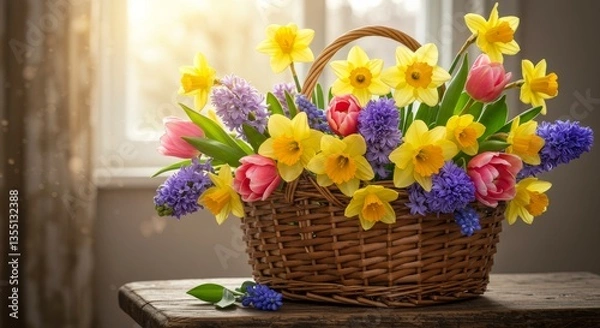 Fototapeta Spring Blooms in Wicker Basket - Vibrant spring flowers, daffodils, tulips, and hyacinths, arranged in a rustic wicker basket. Symbolizing new beginnings, hope, beauty, freshness, and renewal