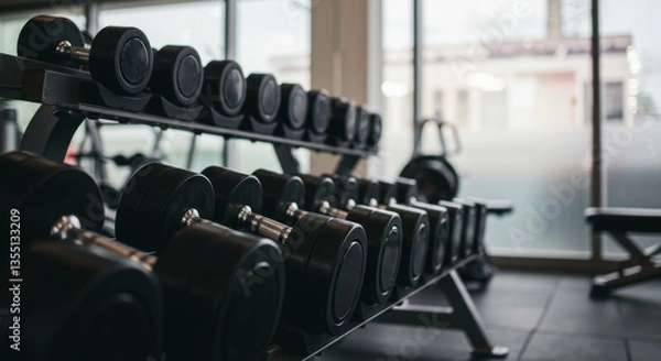 Fototapeta Photograph of a gym's weight rack, taken from a low angle, showing rows of black dumbbells with silver handles arranged neatly on the rack