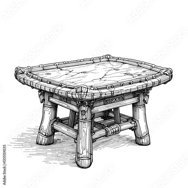 Fototapeta Rectangular Carved Wooden Table in Black and White Ink Drawing