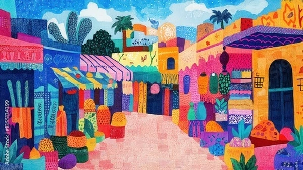 Fototapeta Colorful illustration depicts a vibrant marketplace with buildings and stalls