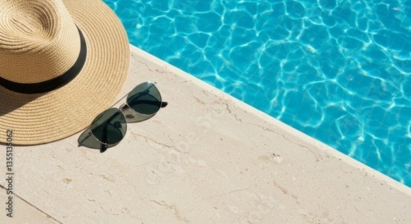 Fototapeta Summer Poolside Relaxation - Straw hat and sunglasses rest on the edge of a refreshing blue pool, perfect for a summer vacation