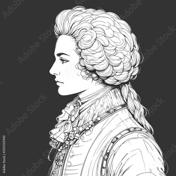 Fototapeta 18th Century Aristocrat Portrait in Classical Line Drawing Style in Black and White Representing Historical Fashion