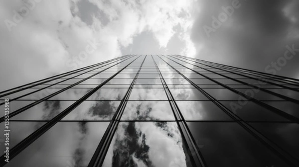 Fototapeta Imposing Skyscraper Surrounded by Dramatic Clouds Observed from a Unique Low Angle : Generative AI