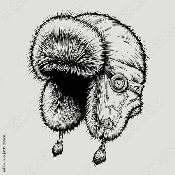Fototapeta Furry Winter Hat with Mechanical Elements in Detailed Ink Style Representing Steampunk Fashion