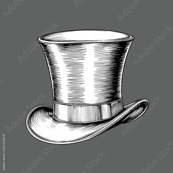 Fototapeta Classic Top Hat in Woodblock Print Style in Monochrome for Formal Fashion