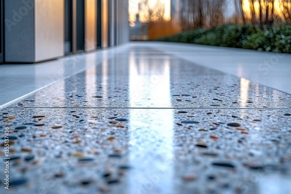 Fototapeta Polished Concrete Pavement with Aggregate, Modern Building Exterior Reflection