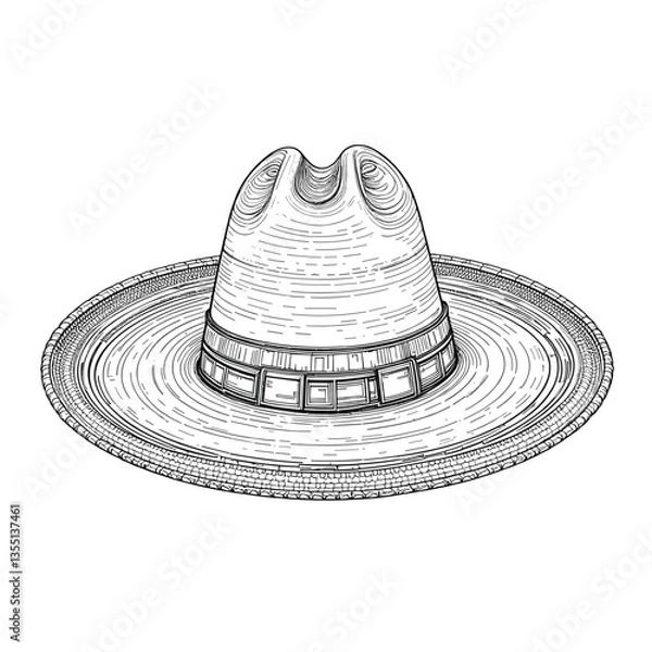 Fototapeta Wide-Brimmed Straw Hat in Detailed Hand-Drawn Style in Monochrome Representing Craftsmanship