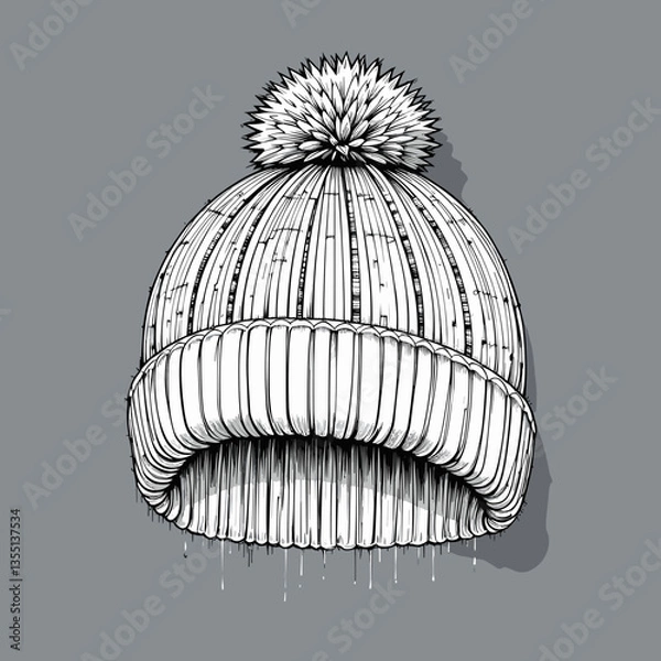 Fototapeta Knit Beanie with Pom-Pom in Detailed Illustration Style in Monochrome Representing Winter Warmth with Water Droplets