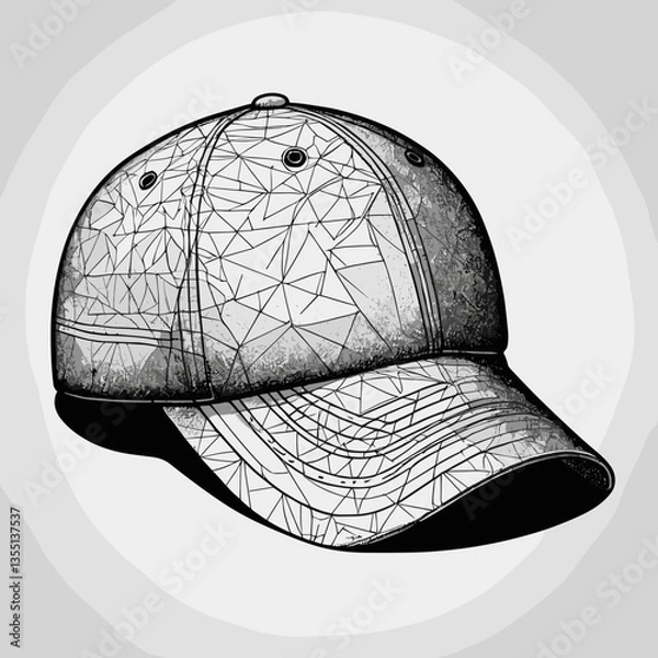 Fototapeta Baseball Cap in Technical Illustration Style in Monochrome Representing Contemporary Fashion with Geometric Pattern