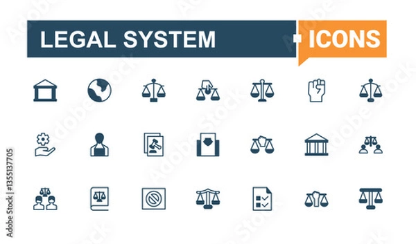 Fototapeta Set of Legal System line icon. Contains such icons as legal, lawyer, criminal, law, courthouse, judge, judgement. Justice icon collection. Pixel perfect. Solid line editable stroke.