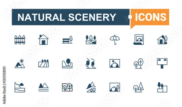 Fototapeta Natural Scenery simple icon. Pack of cape, mountain, building, garden, field, hill and more. Landscape icon set. Outline icons collection. Signs for web and mobile app.