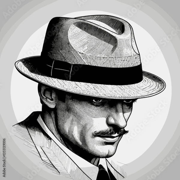 Fototapeta Mysterious Man with Intense Gaze Wearing Fedora Hat against Dark Background