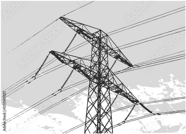 Fototapeta Vector illustration of high voltage electrical power grid, transmission line