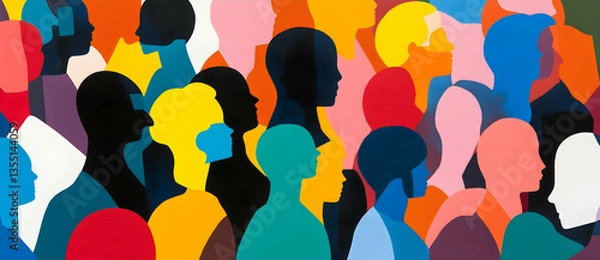 Fototapeta Colorful silhouettes of diverse people in a crowd art
