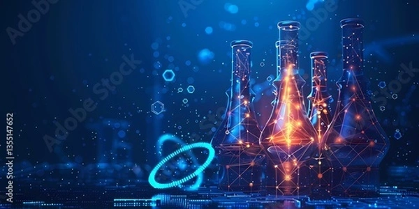 Fototapeta Science Erlenmeyer Flasks and Atom Model in Futuristic Network Setting