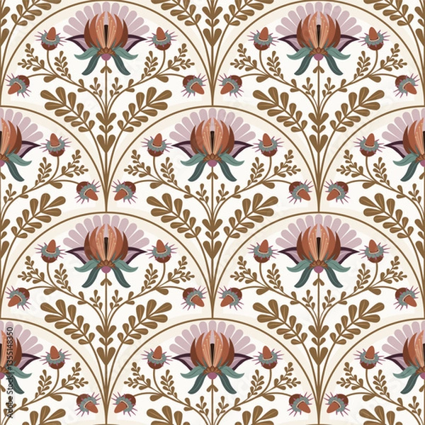 Obraz Seamless pattern with wild flowers in pastel colors. Beautiful floral pattern design featuring intricate blooms and leaves on elegant background