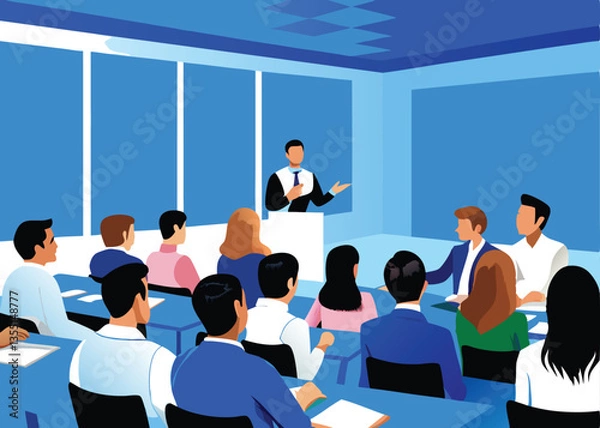 Fototapeta Create a vibrant vector illustration of diverse college students passionately debating, showcasing animated expressions and dynamic poses.