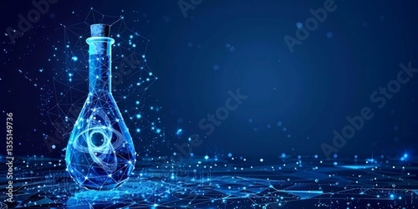 Fototapeta Science Flask with Atom and Digital Network Connection in Blue