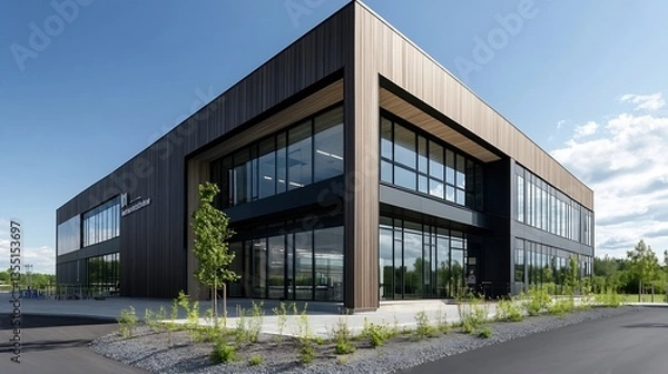 Fototapeta Modern architectural building with large glass windows surrounded by green landscaping and clear blue skies : Generative AI