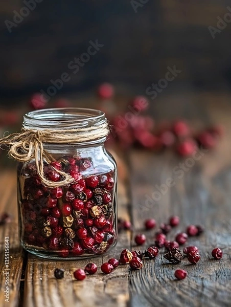 Fototapeta A beautiful jar filled with colorful pink peppercorns showcasing detailed spices on a wooden table : Generative AI