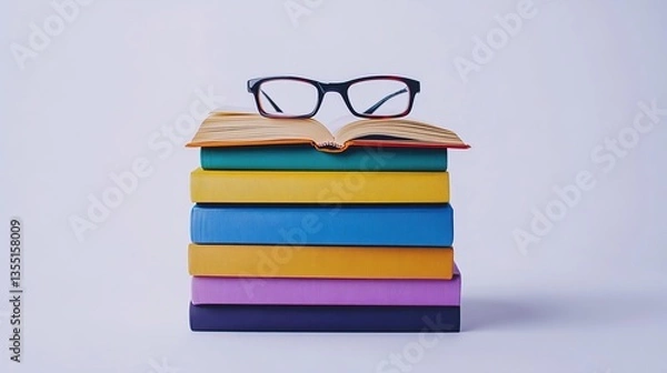 Obraz A Neatly Stacked Pile of Hardcover Textbooks in Various Colors with an Open Book on Top and Reading Glasses, Symbolizing Knowledge and Learning