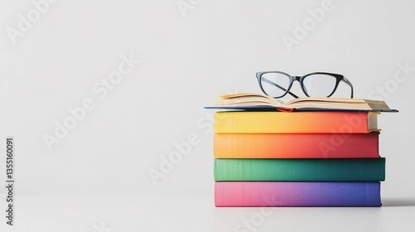 Obraz A Neatly Stacked Pile of Hardcover Textbooks in Various Colors with an Open Book on Top and Reading Glasses, Symbolizing Knowledge and Learning