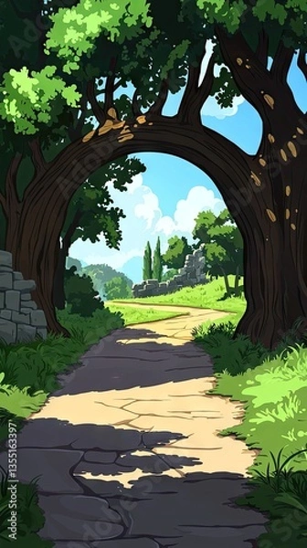Obraz Rustic path through arching trees, leading to ruins, sunny day, idyllic countryside scene, game background