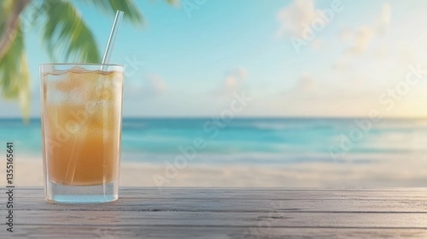 Fototapeta Icecold delight, glass of refreshing iced drink on rustic wooden table refreshing