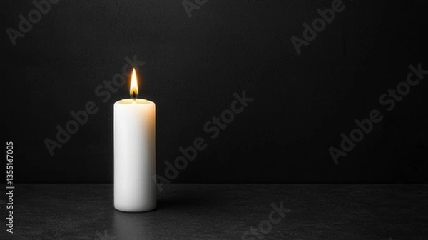 Fototapeta Zen productivity focus and meditation, A solitary white candle burns softly against a dark background, creating a serene and calming ambiance.