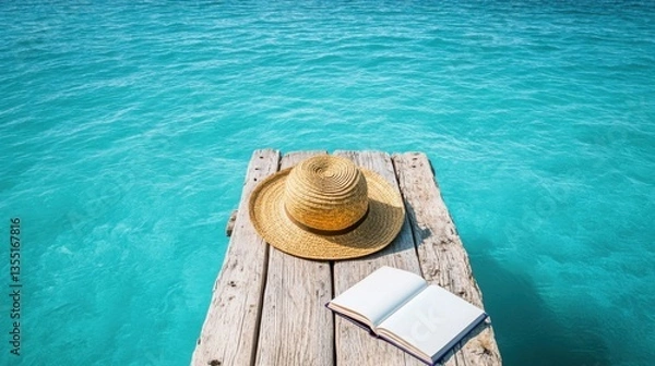 Fototapeta Scenic view of a rustic wooden pier extending into a turquoise sea a straw hat and summer book resting on the edge dreamy escape