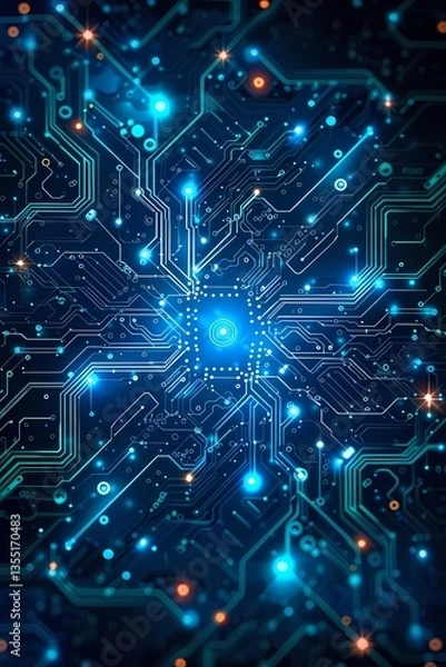 Fototapeta Glowing Circuit Board Pattern with Blue Light and Data Flow